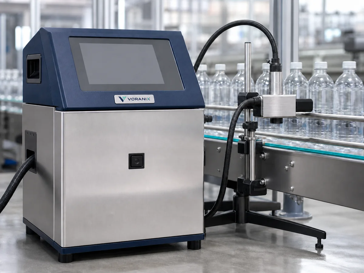 VORANIX continuous inkjet printer installed on a bottle production line