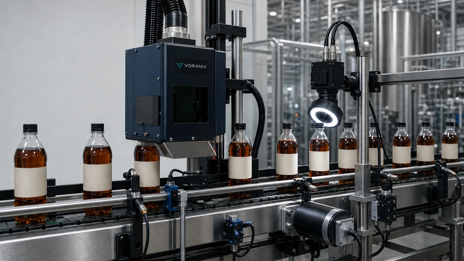 CO2 laser coding head and vision camera inspecting labels on bottled beverages