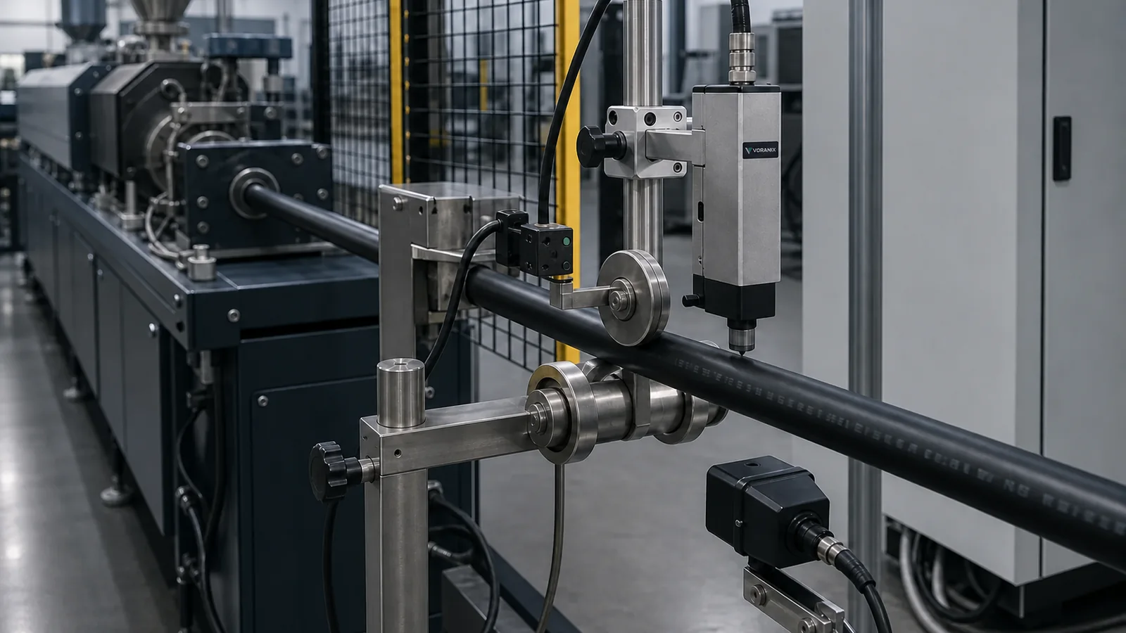 Continuous inkjet printhead, encoder wheel and vision camera beside black cable on an extrusion line