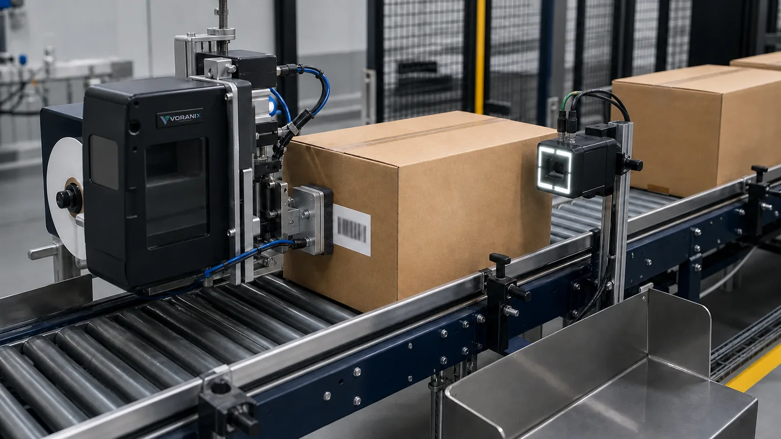 Print-and-apply labeler and barcode-verification camera on a corrugated carton conveyor