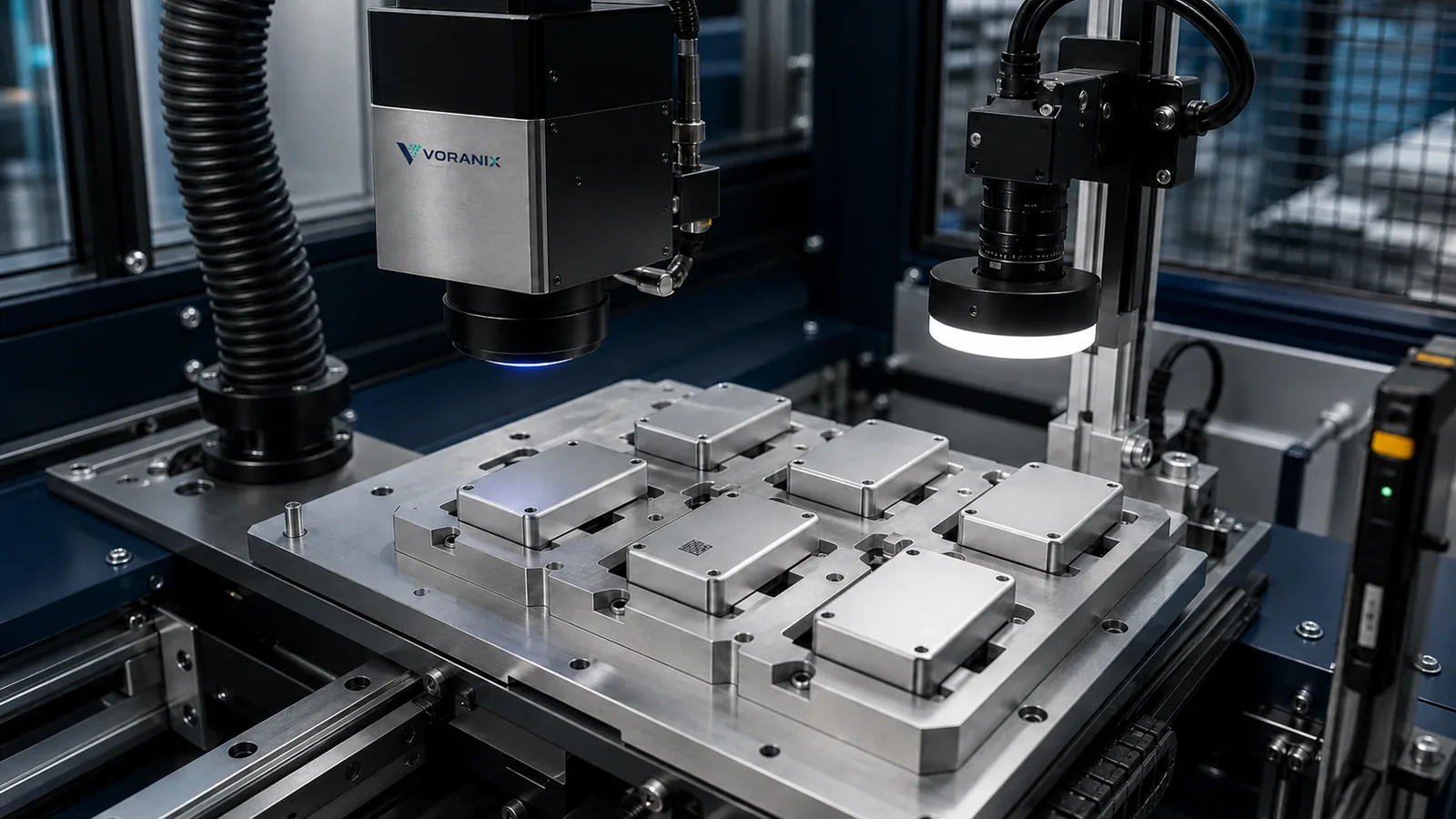 Fiber laser and machine-vision camera over a fixture holding anodized-aluminum electronic components