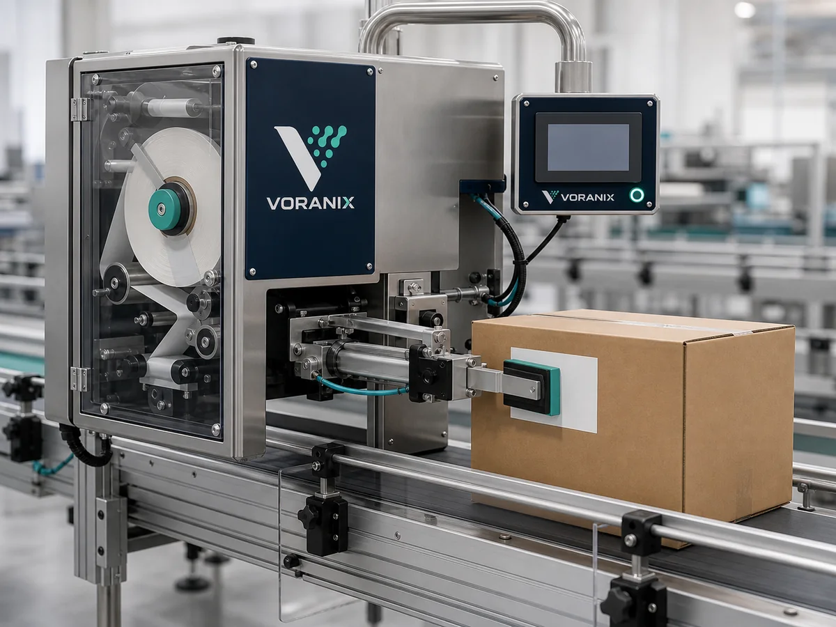 VORANIX print-and-apply labeling machine applying a label to a carton