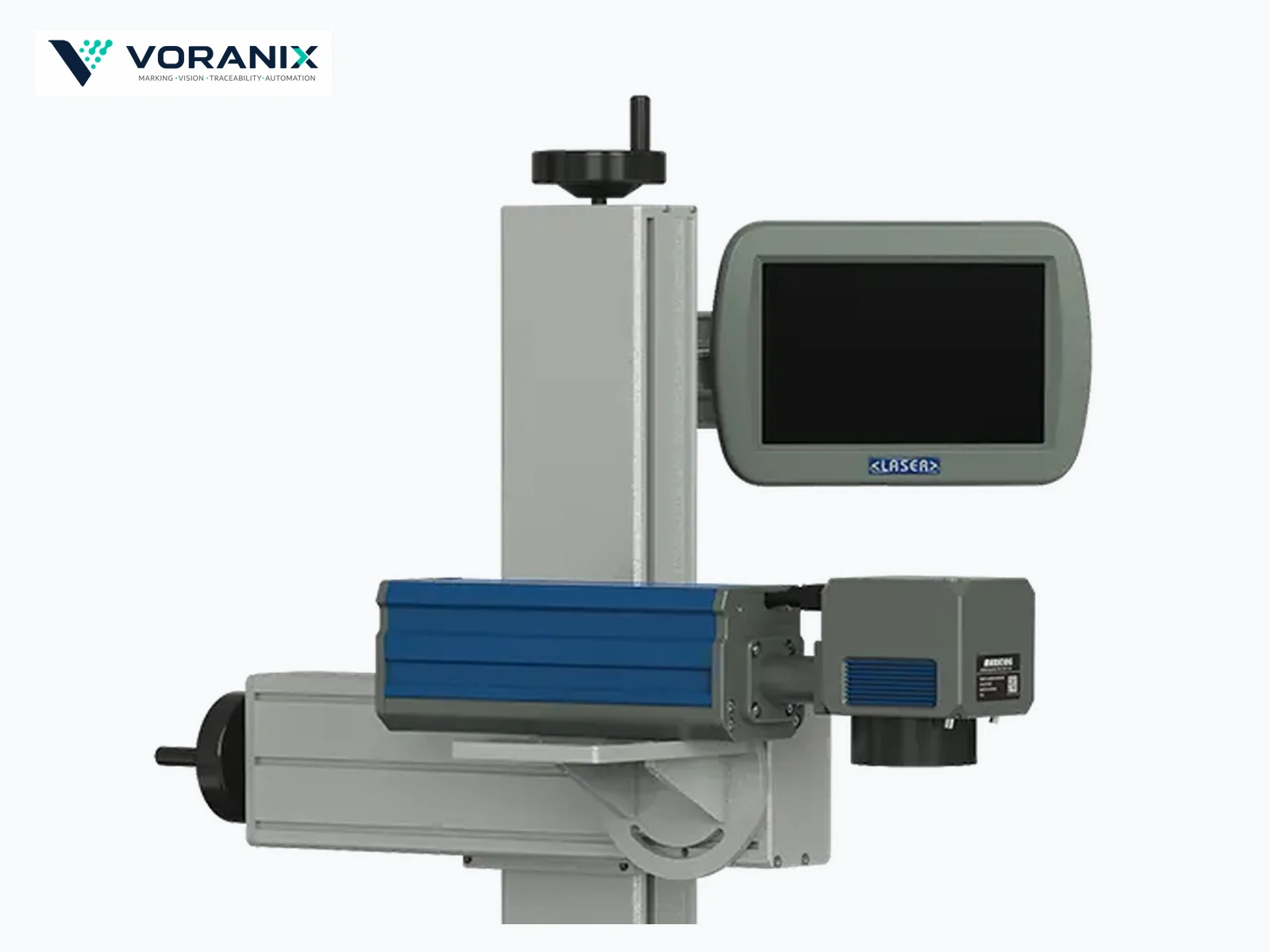 VORANIX fiber laser marking head detail on production line stand