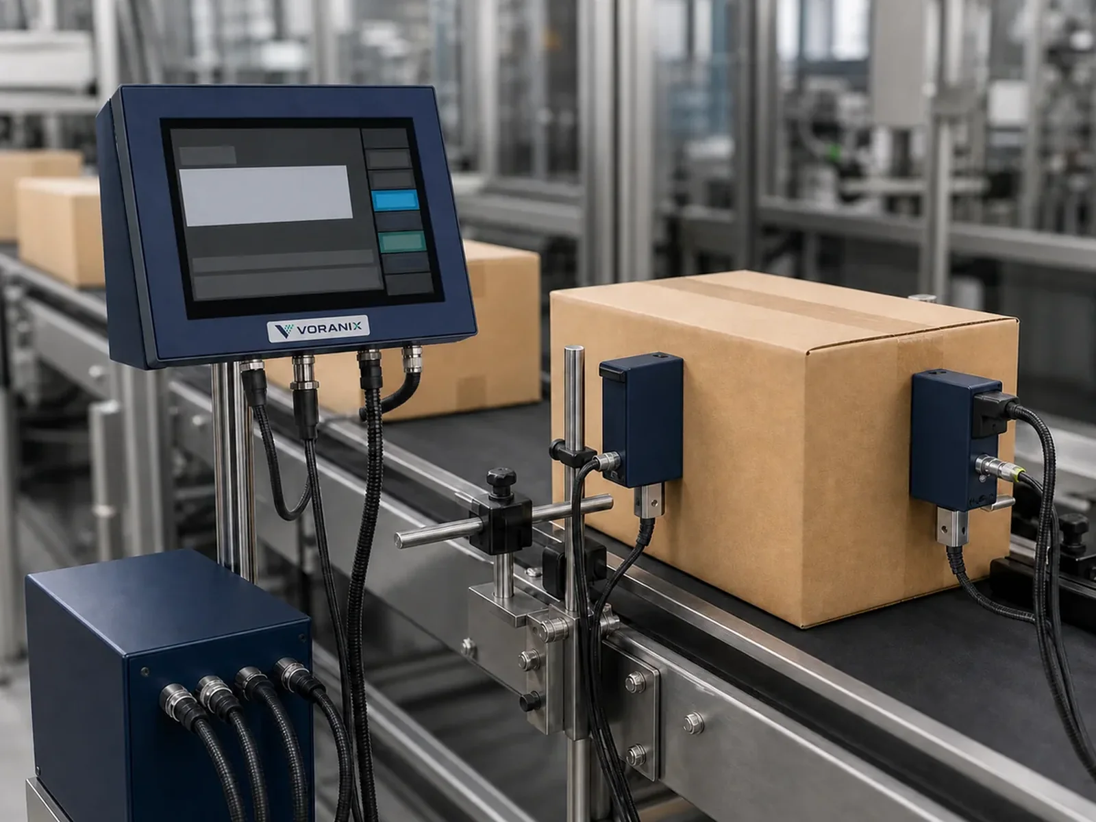 Illustrative VORANIX thermal inkjet printer coding cartons on a conveyor