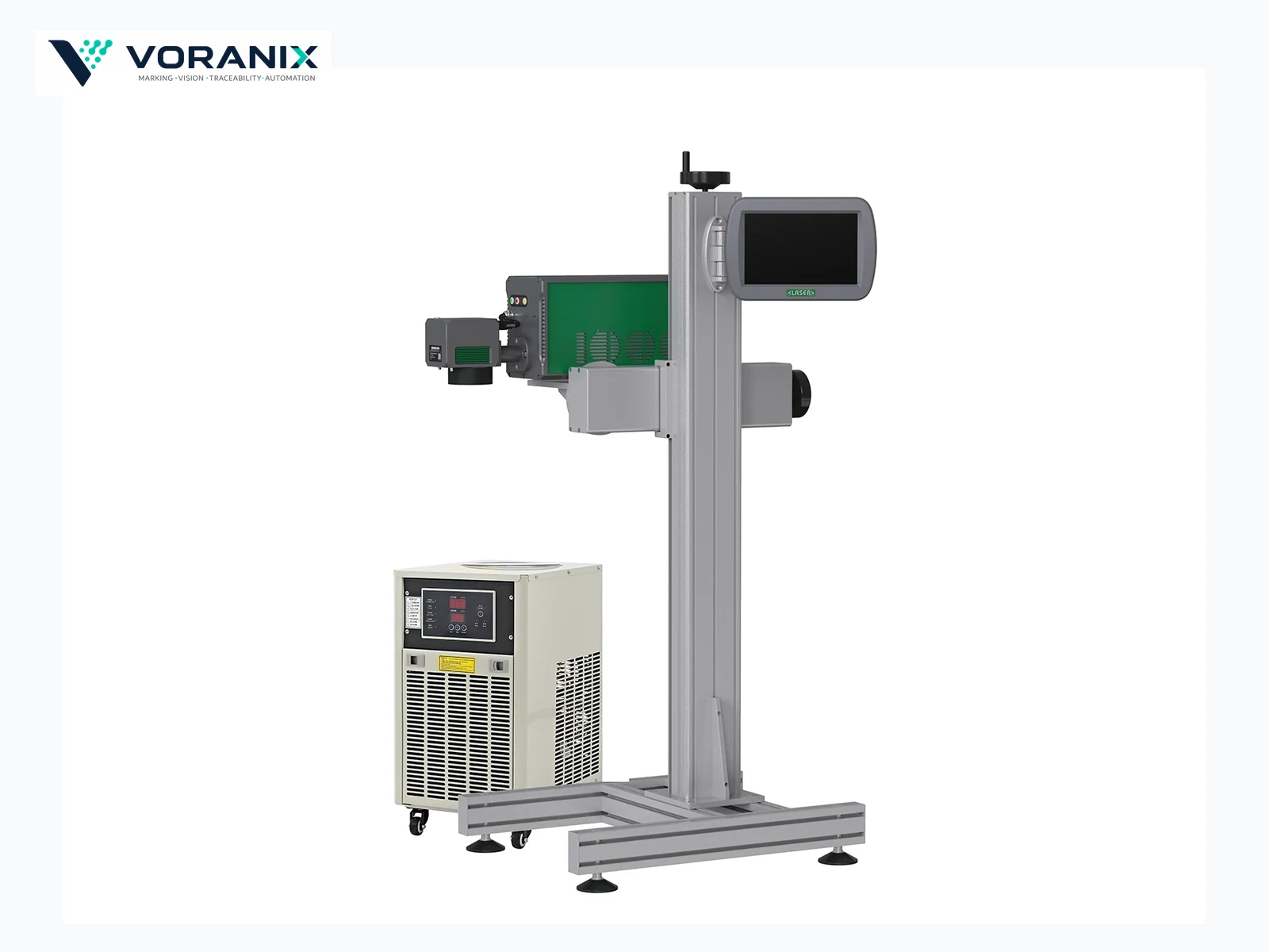 VORANIX UV laser marking machine side view with marking head and cooling unit