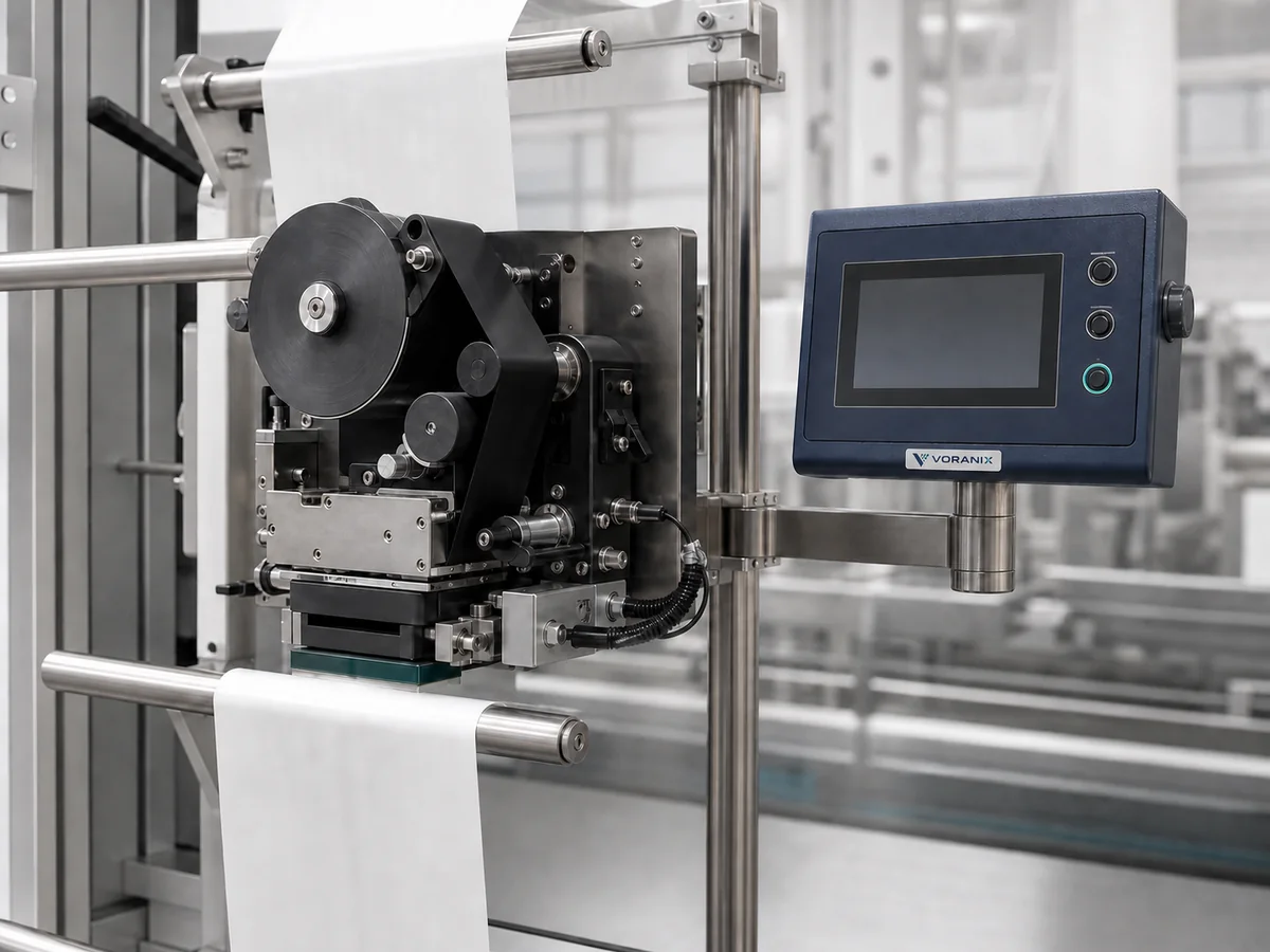 VORANIX thermal transfer overprinter installed on a flexible film packaging line